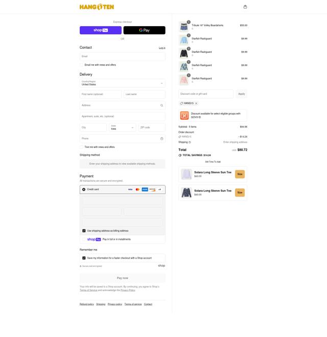 Hang Ten checkout page showing Hang Ten promo code box | Screenshot taken by SimplyCodes community member on Aug 13, 2025
