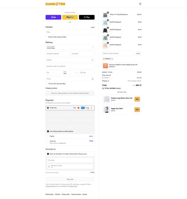 Hang Ten checkout page showing Hang Ten promo code box | Screenshot taken by SimplyCodes community member on Sep 4, 2025