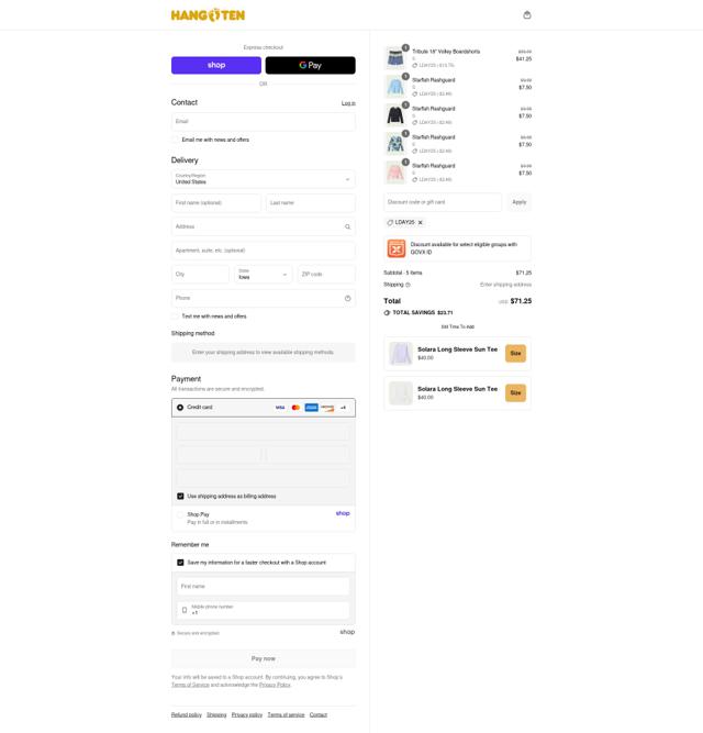 Hang Ten checkout page showing Hang Ten promo code box | Screenshot taken by SimplyCodes community member on Aug 31, 2025
