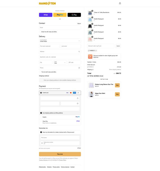 Hang Ten checkout page showing Hang Ten promo code box | Screenshot taken by SimplyCodes community member on Sep 13, 2025