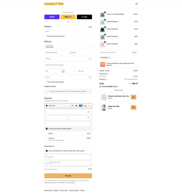 Hang Ten checkout page showing Hang Ten promo code box | Screenshot taken by SimplyCodes community member on Sep 9, 2025