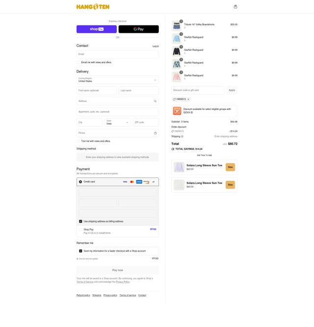 Hang Ten checkout page showing Hang Ten promo code box | Screenshot taken by SimplyCodes community member on Aug 23, 2025