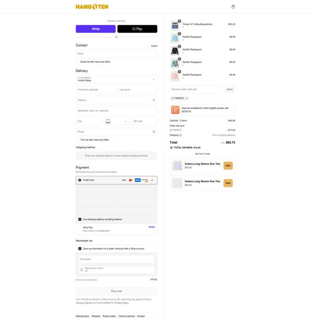 Hang Ten checkout page showing Hang Ten promo code box | Screenshot taken by SimplyCodes community member on Aug 31, 2025