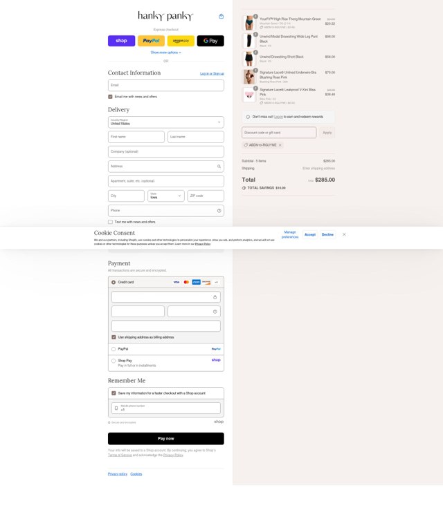 Hanky Panky checkout page showing Hanky Panky coupon code box | Screenshot taken by SimplyCodes community member on Sep 4, 2025