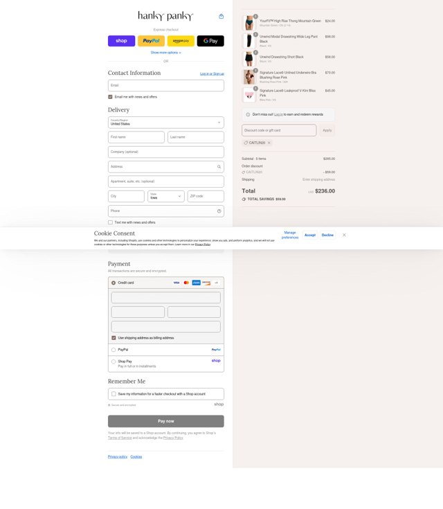 Hanky Panky checkout page showing Hanky Panky coupon code box | Screenshot taken by SimplyCodes community member on Aug 31, 2025