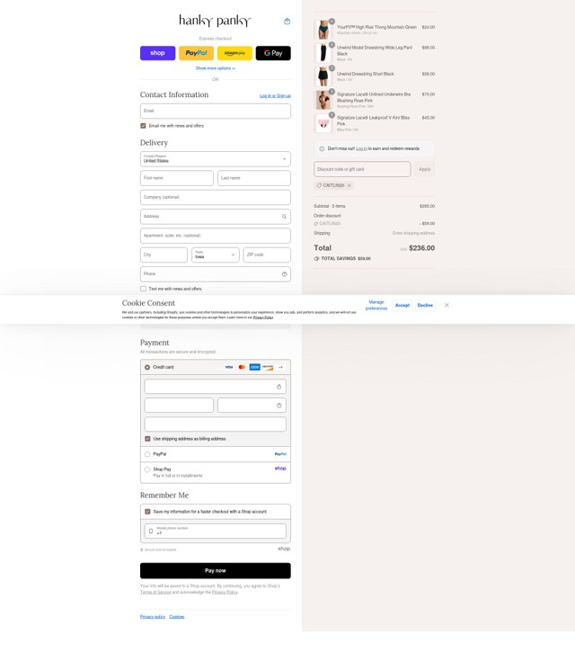 Hanky Panky checkout page showing Hanky Panky coupon code box | Screenshot taken by SimplyCodes community member on Sep 4, 2025