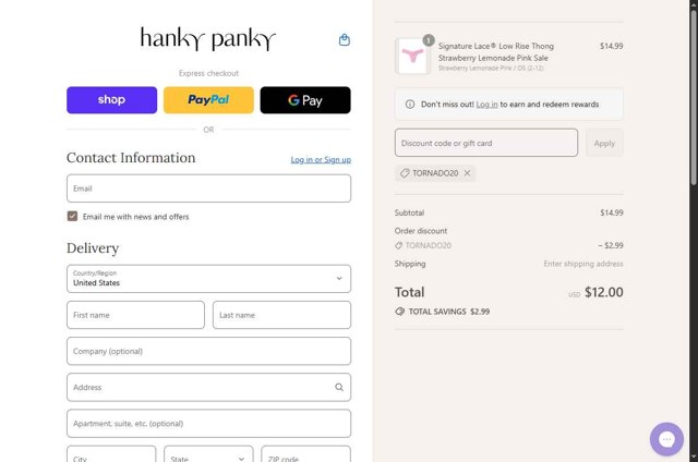 Hanky Panky checkout page showing Hanky Panky coupon code box | Screenshot taken by SimplyCodes community member on Aug 29, 2025