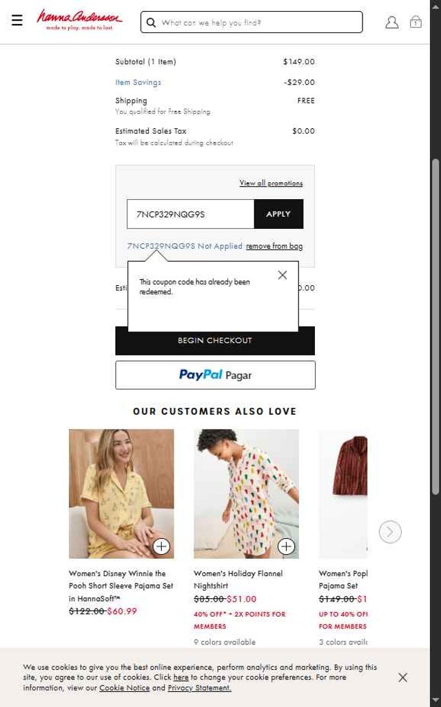 Hanna Andersson checkout page showing Hanna Andersson promo code box | Screenshot taken by SimplyCodes community member on Aug 25, 2025