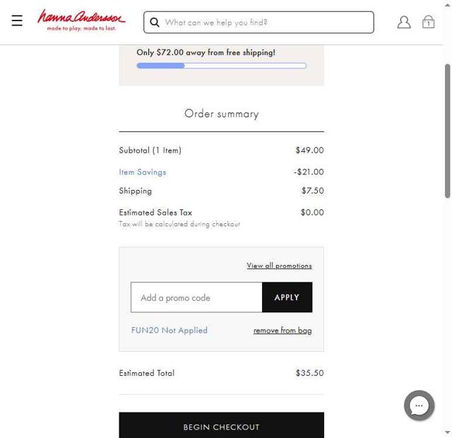 Hanna Andersson checkout page showing Hanna Andersson promo code box | Screenshot taken by SimplyCodes community member on Sep 4, 2025
