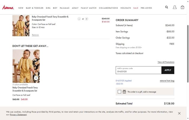 Hanna Andersson checkout page showing Hanna Andersson promo code box | Screenshot taken by SimplyCodes community member on Aug 19, 2025