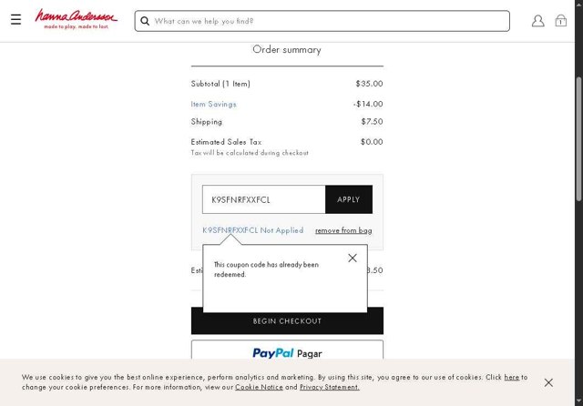 Hanna Andersson checkout page showing Hanna Andersson promo code box | Screenshot taken by SimplyCodes community member on Aug 22, 2025