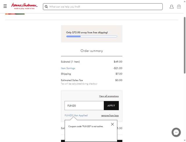 Hanna Andersson checkout page showing Hanna Andersson promo code box | Screenshot taken by SimplyCodes community member on Sep 1, 2025