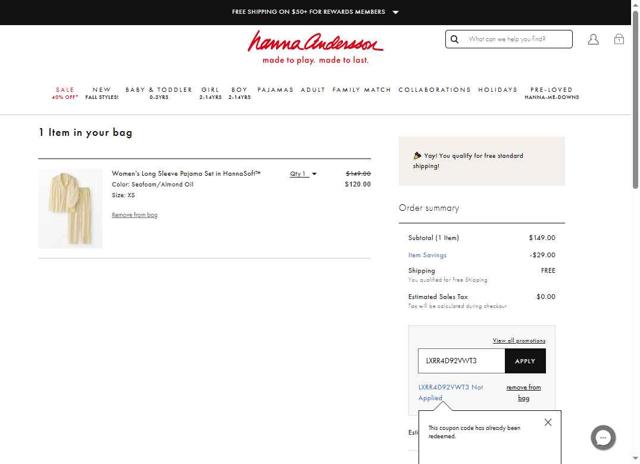 Hanna Andersson checkout page showing Hanna Andersson promo code box | Screenshot taken by SimplyCodes community member on Sep 1, 2025