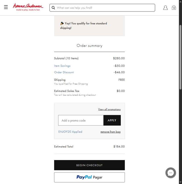 Hanna Andersson checkout page showing Hanna Andersson promo code box | Screenshot taken by SimplyCodes community member on Aug 16, 2025