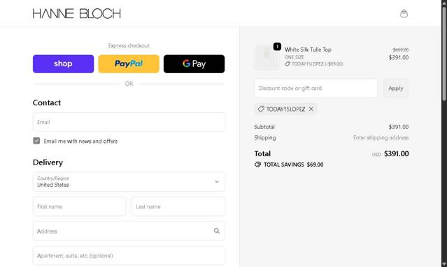 Hanne Bloch checkout page showing Hanne Bloch discount code box | Screenshot taken by SimplyCodes community member on Oct 3, 2025