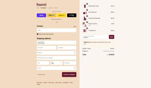 Hanni checkout page showing Hanni discount code box | Screenshot taken by SimplyCodes community member on Sep 1, 2025