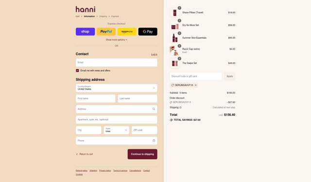 Hanni checkout page showing Hanni discount code box | Screenshot taken by SimplyCodes community member on Sep 1, 2025