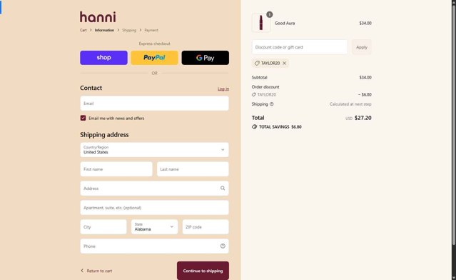 Hanni checkout page showing Hanni discount code box | Screenshot taken by SimplyCodes community member on Sep 4, 2025