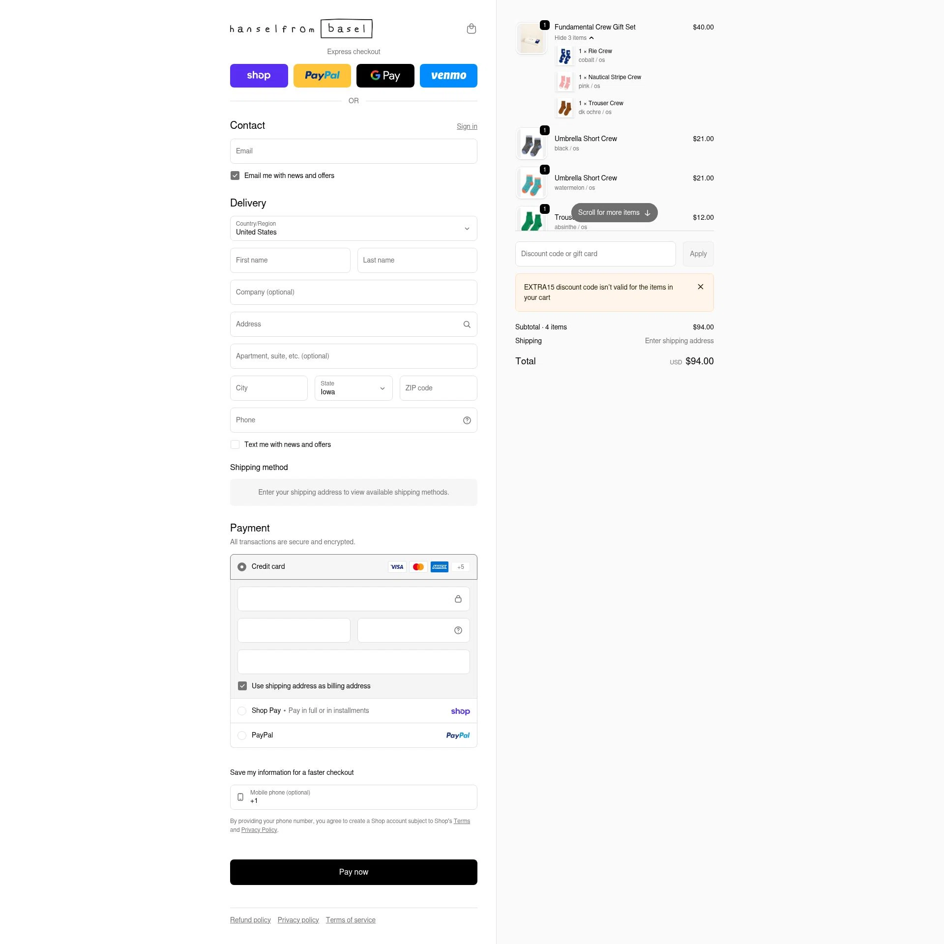 Hansel from Basel checkout page showing Hansel from Basel promo code box | Screenshot taken by SimplyCodes community member on Feb 11, 2026