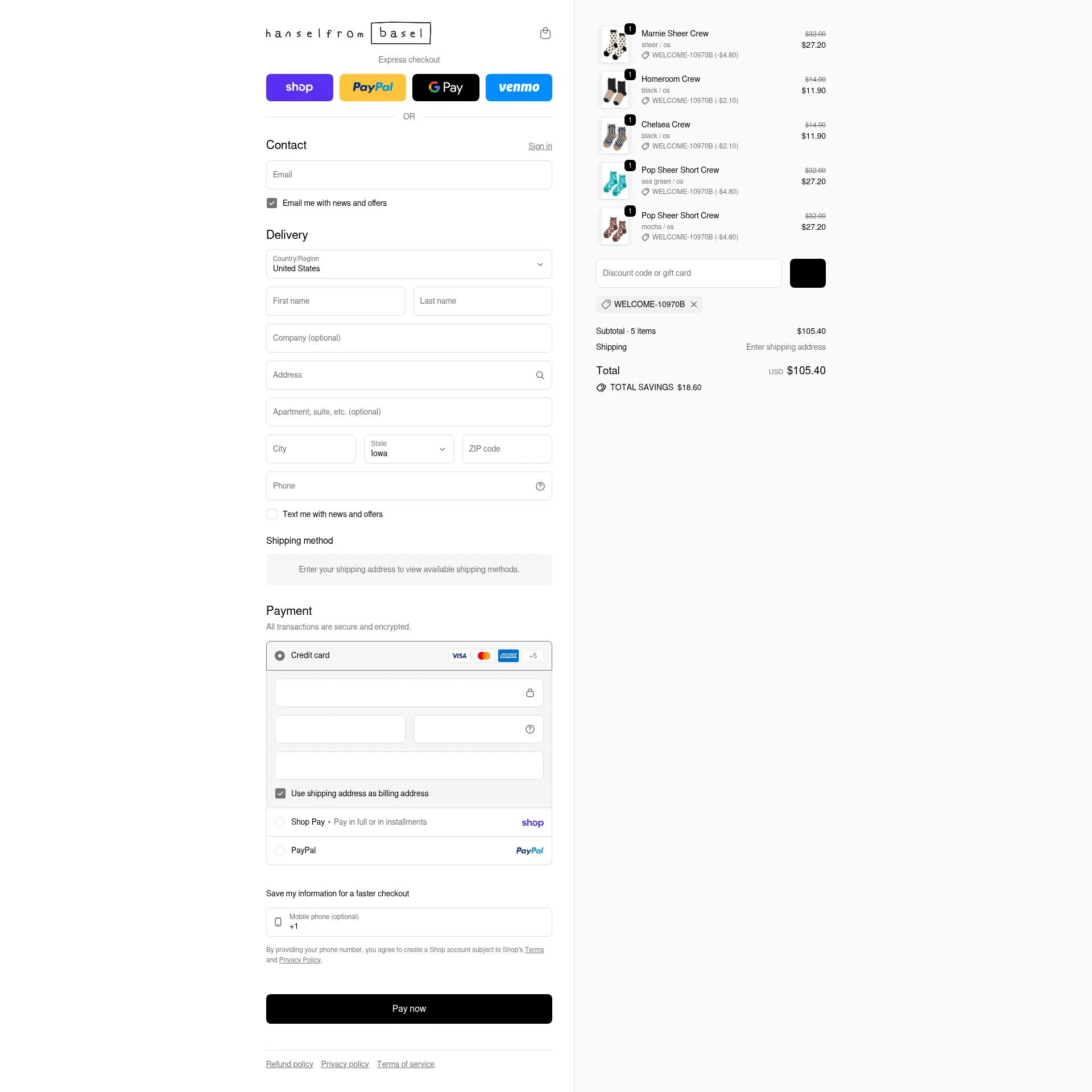 Hansel from Basel checkout page showing Hansel from Basel promo code box | Screenshot taken by SimplyCodes community member on Feb 19, 2026
