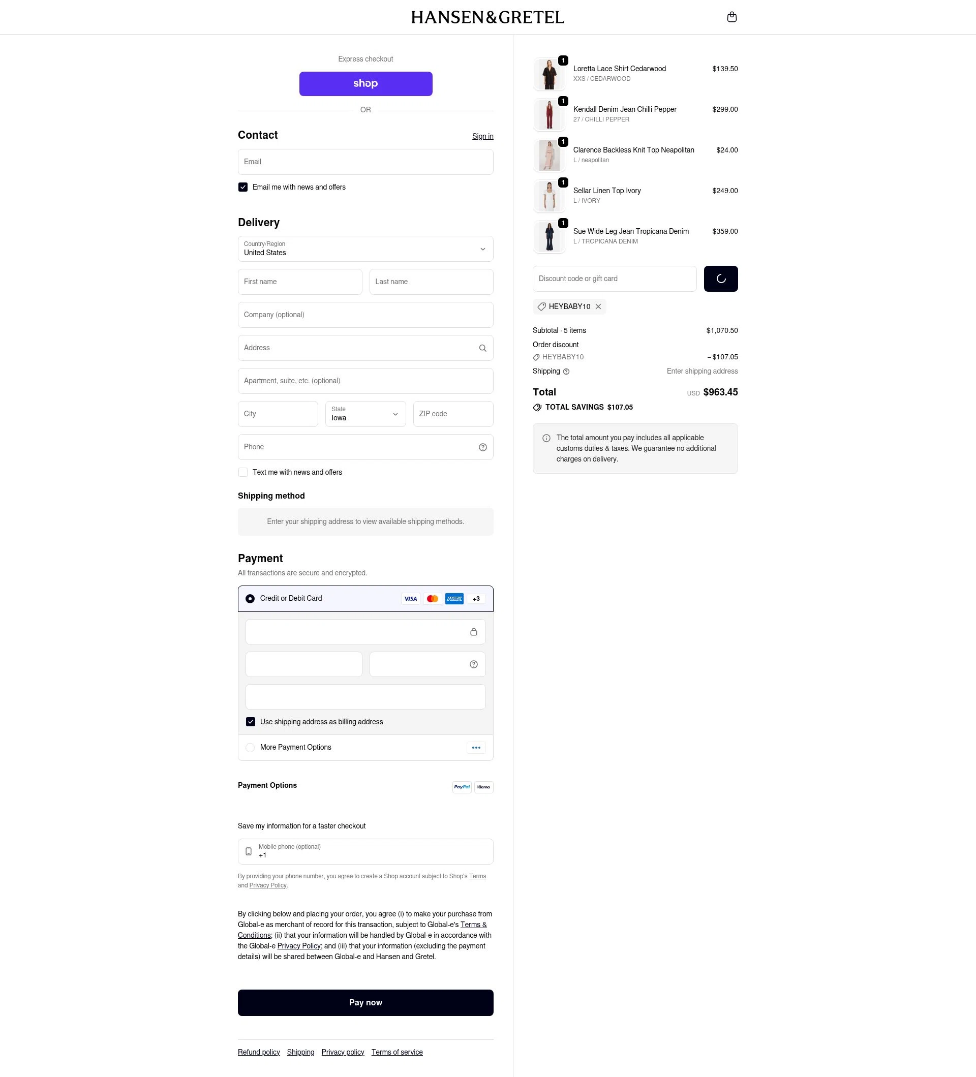 Hansen & Gretel checkout page showing Hansen & Gretel promo code box | Screenshot taken by SimplyCodes community member on Feb 13, 2026