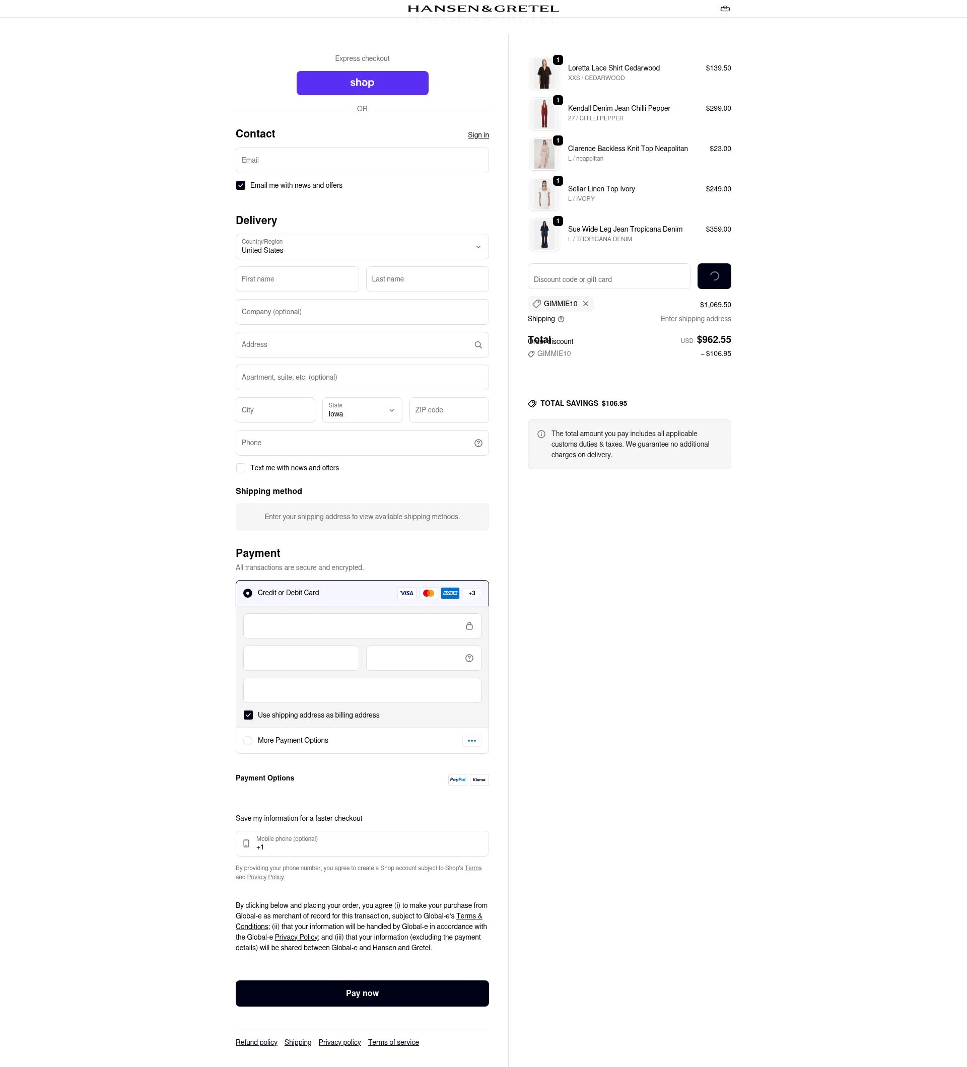 Hansen & Gretel checkout page showing Hansen & Gretel promo code box | Screenshot taken by SimplyCodes community member on Feb 8, 2026