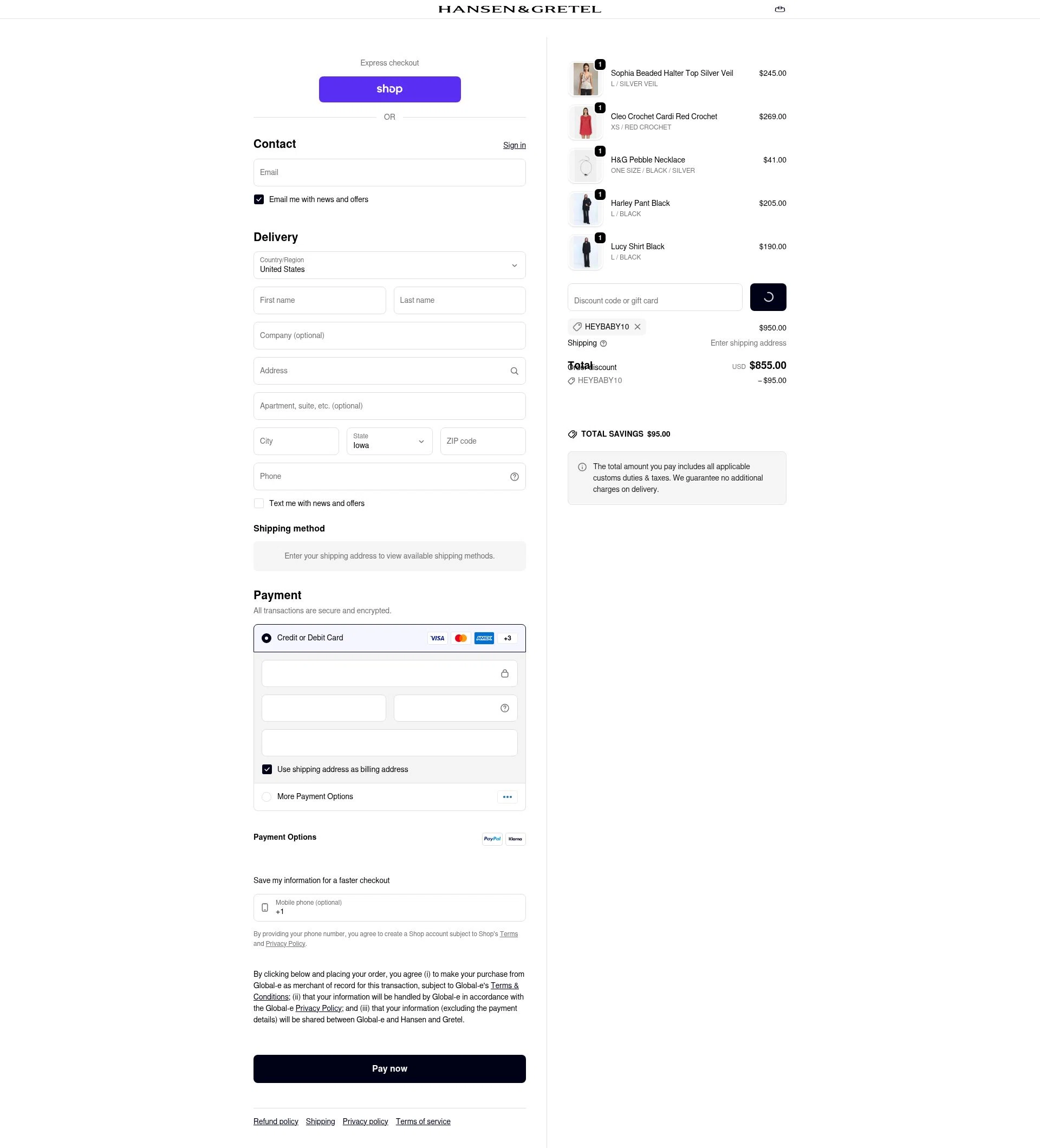 Hansen & Gretel checkout page showing Hansen & Gretel promo code box | Screenshot taken by SimplyCodes community member on Feb 17, 2026