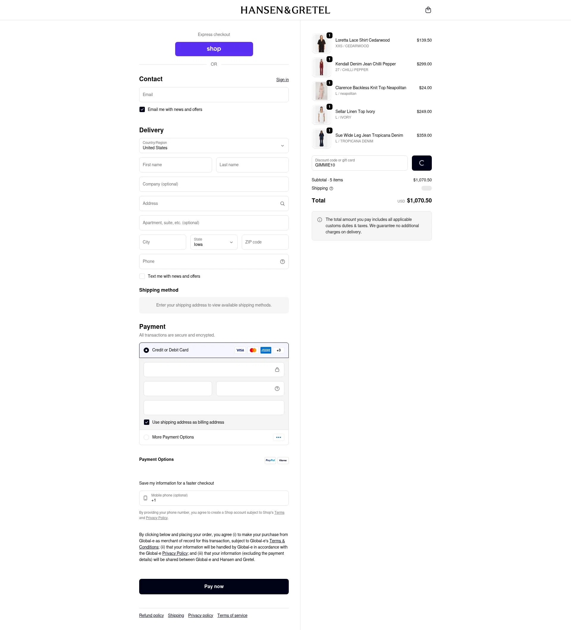 Hansen & Gretel checkout page showing Hansen & Gretel promo code box | Screenshot taken by SimplyCodes community member on Feb 13, 2026