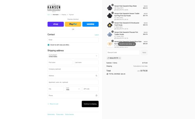 Hansen Surfboards checkout page showing Hansen Surfboards coupon code box | Screenshot taken by SimplyCodes community member on Sep 3, 2025