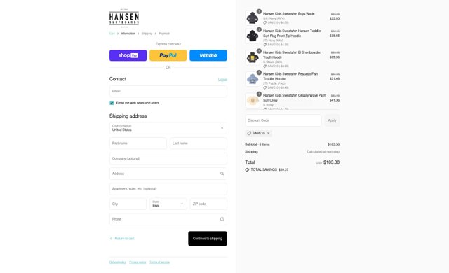 Hansen Surfboards checkout page showing Hansen Surfboards coupon code box | Screenshot taken by SimplyCodes community member on Aug 22, 2025