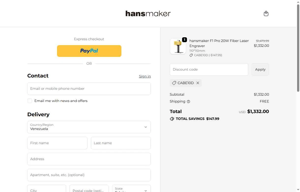 hansmaker checkout page showing hansmaker promo code box | Screenshot taken by SimplyCodes community member on Oct 3, 2025