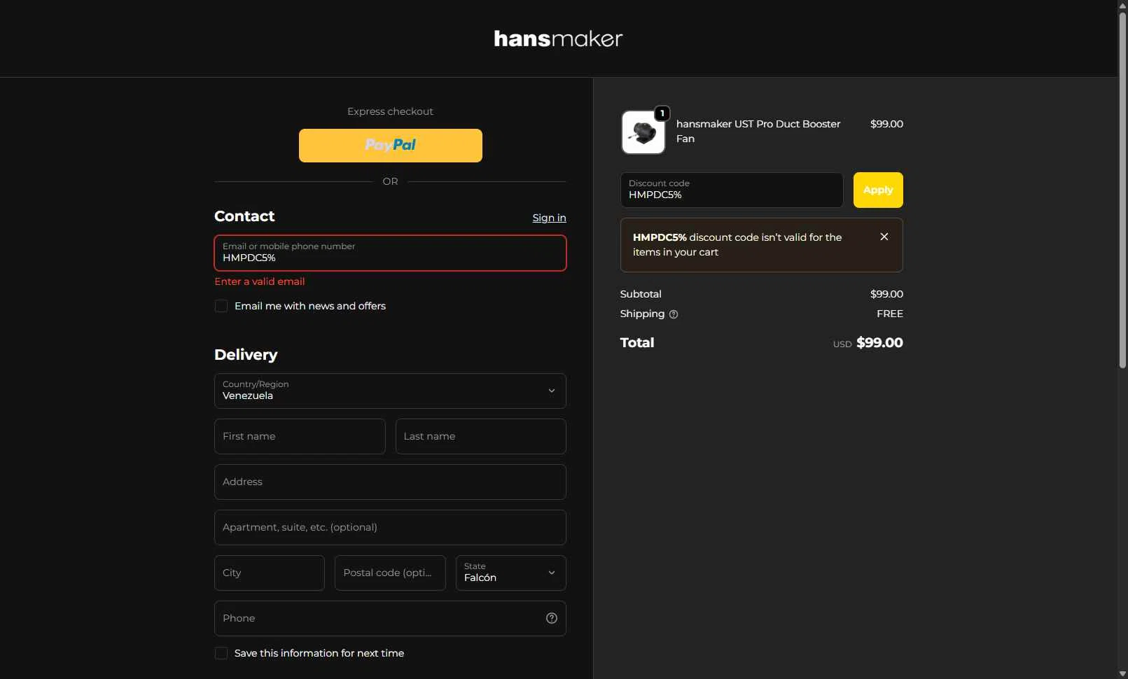 hansmaker checkout page showing hansmaker promo code box | Screenshot taken by SimplyCodes community member on Nov 22, 2025