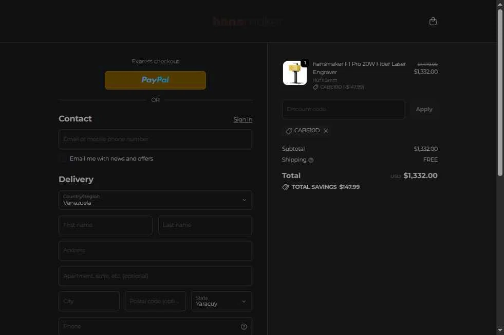 hansmaker checkout page showing hansmaker promo code box | Screenshot taken by SimplyCodes community member on Oct 3, 2025