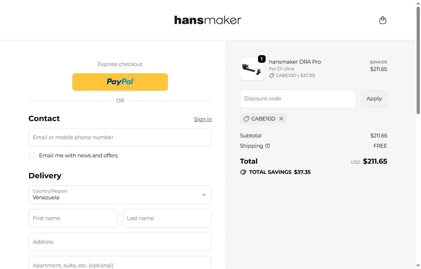 hansmaker checkout page showing hansmaker promo code box | Screenshot taken by SimplyCodes community member on Dec 29, 2025