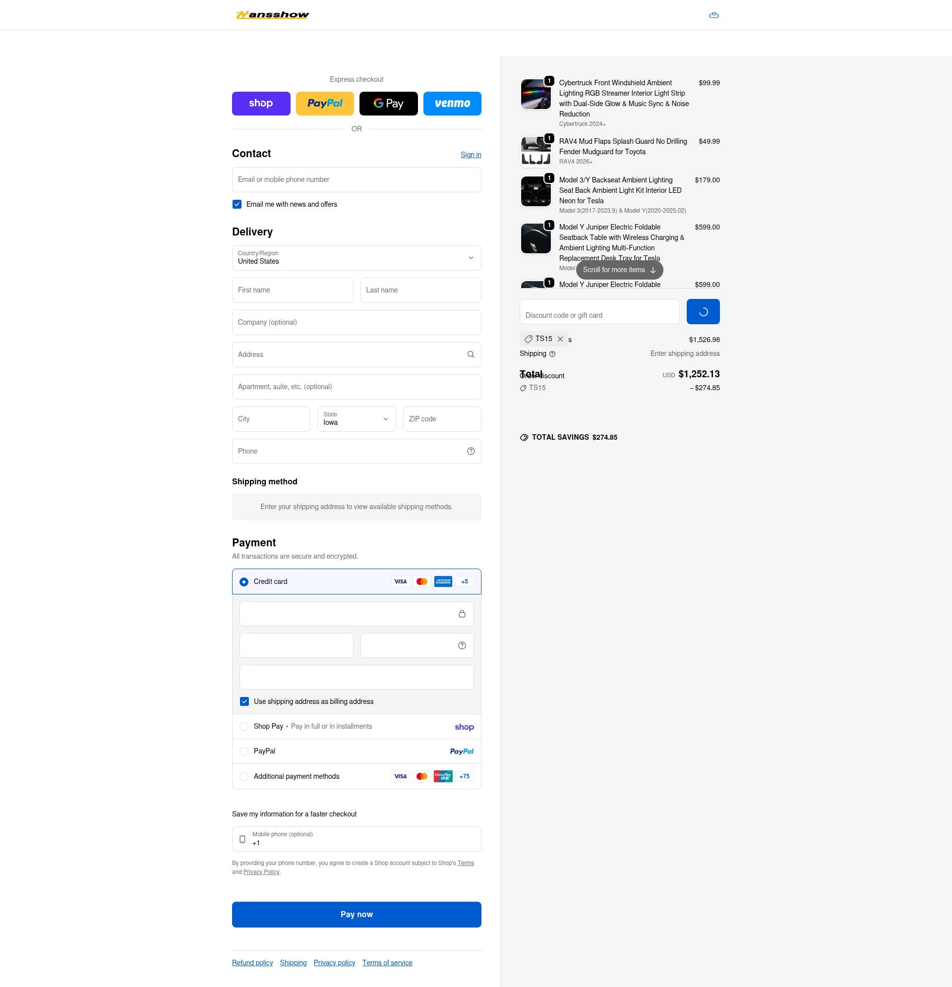 Hansshow Auto Parts checkout page showing Hansshow Auto Parts promo code box | Screenshot taken by SimplyCodes community member on Feb 24, 2026