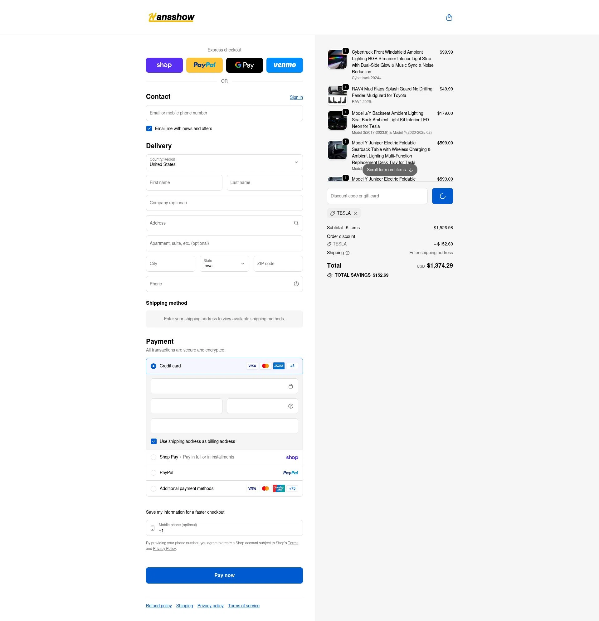 Hansshow Auto Parts checkout page showing Hansshow Auto Parts promo code box | Screenshot taken by SimplyCodes community member on Feb 24, 2026