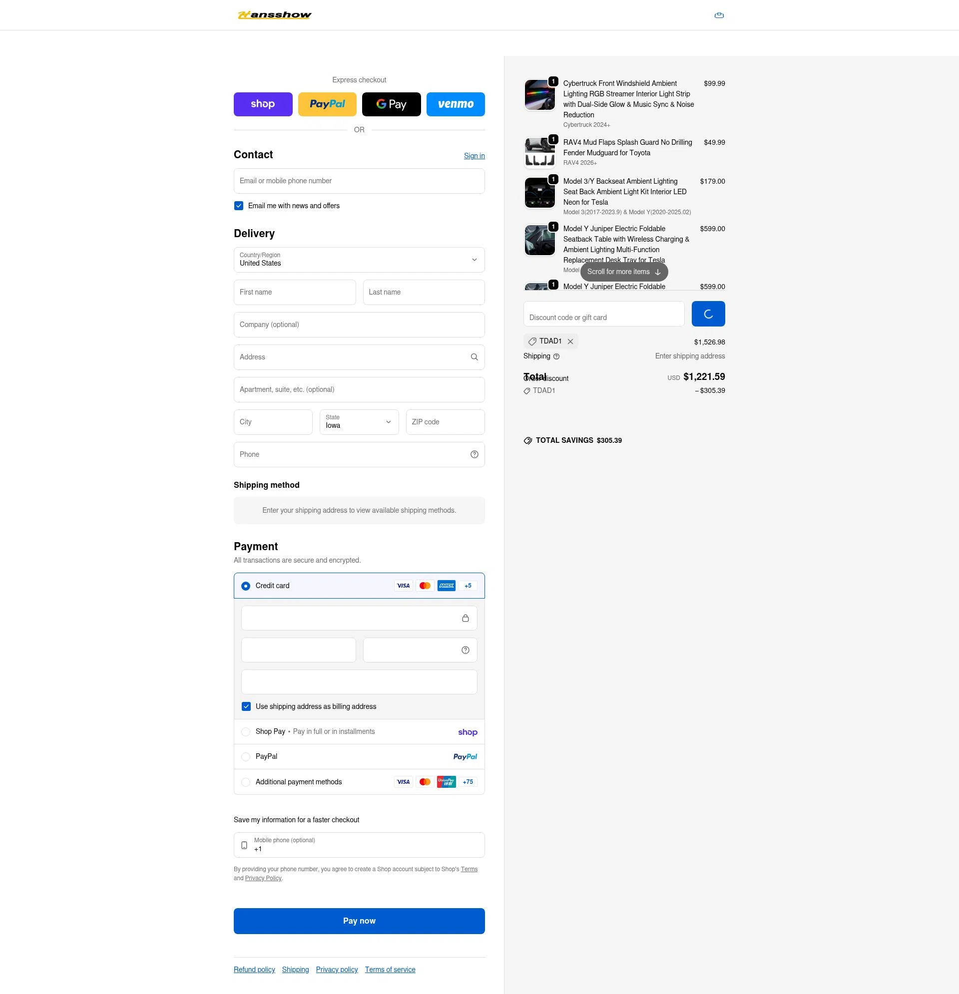 Hansshow Auto Parts checkout page showing Hansshow Auto Parts promo code box | Screenshot taken by SimplyCodes community member on Feb 24, 2026