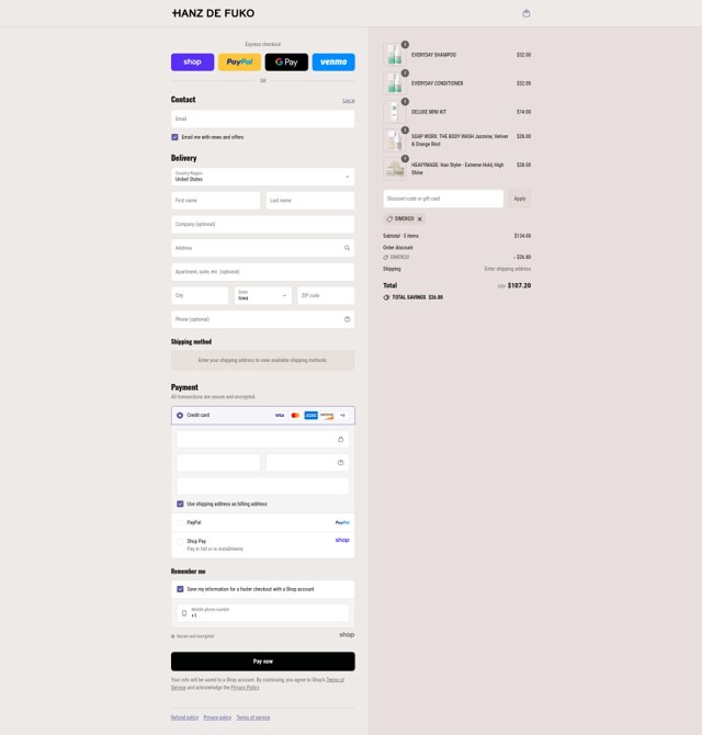 Hanz de Fuko checkout page showing Hanz de Fuko promo code box | Screenshot taken by SimplyCodes community member on Sep 2, 2025