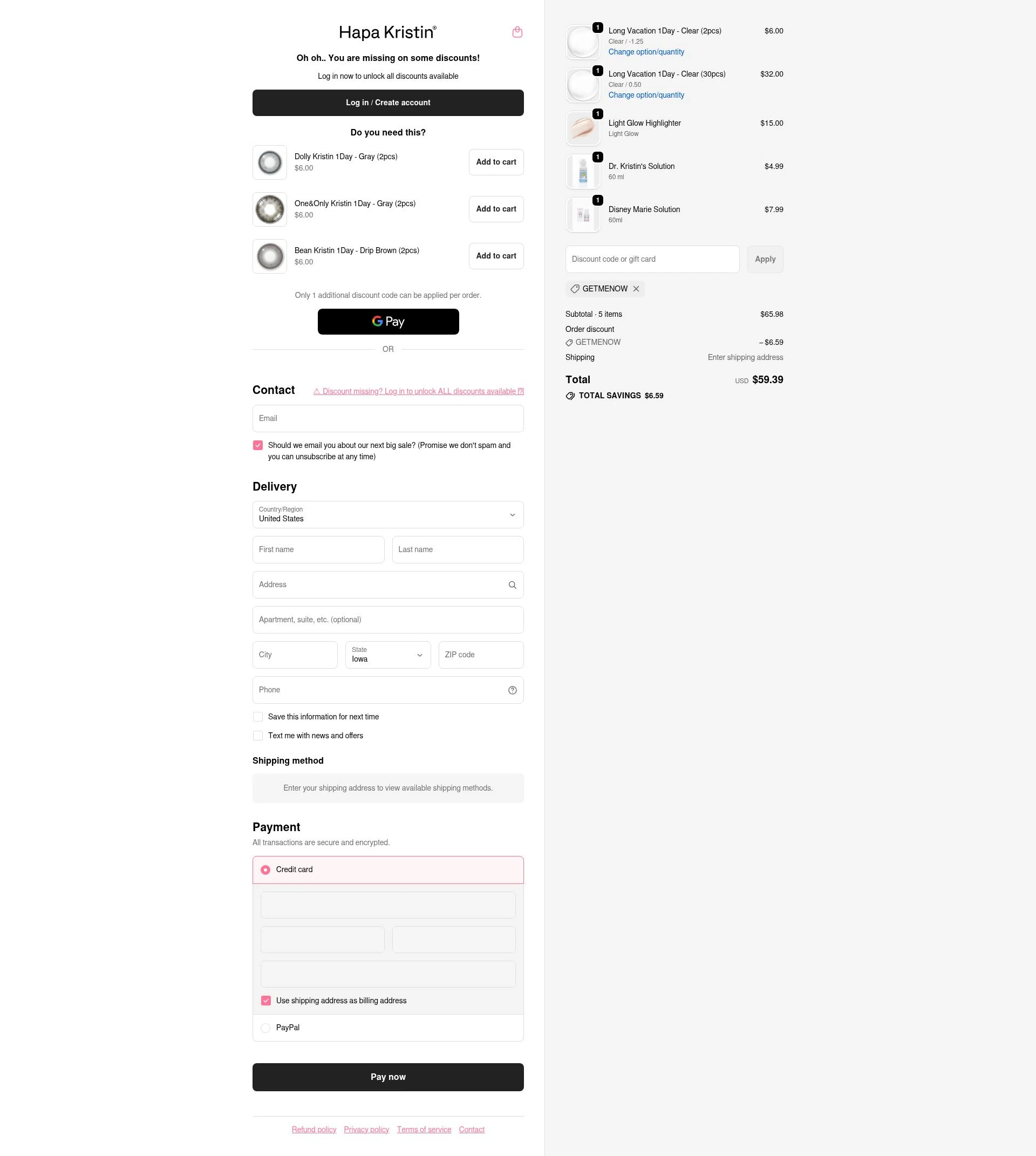 HapaKristin checkout page showing HapaKristin discount code box | Screenshot taken by SimplyCodes community member on Feb 6, 2026