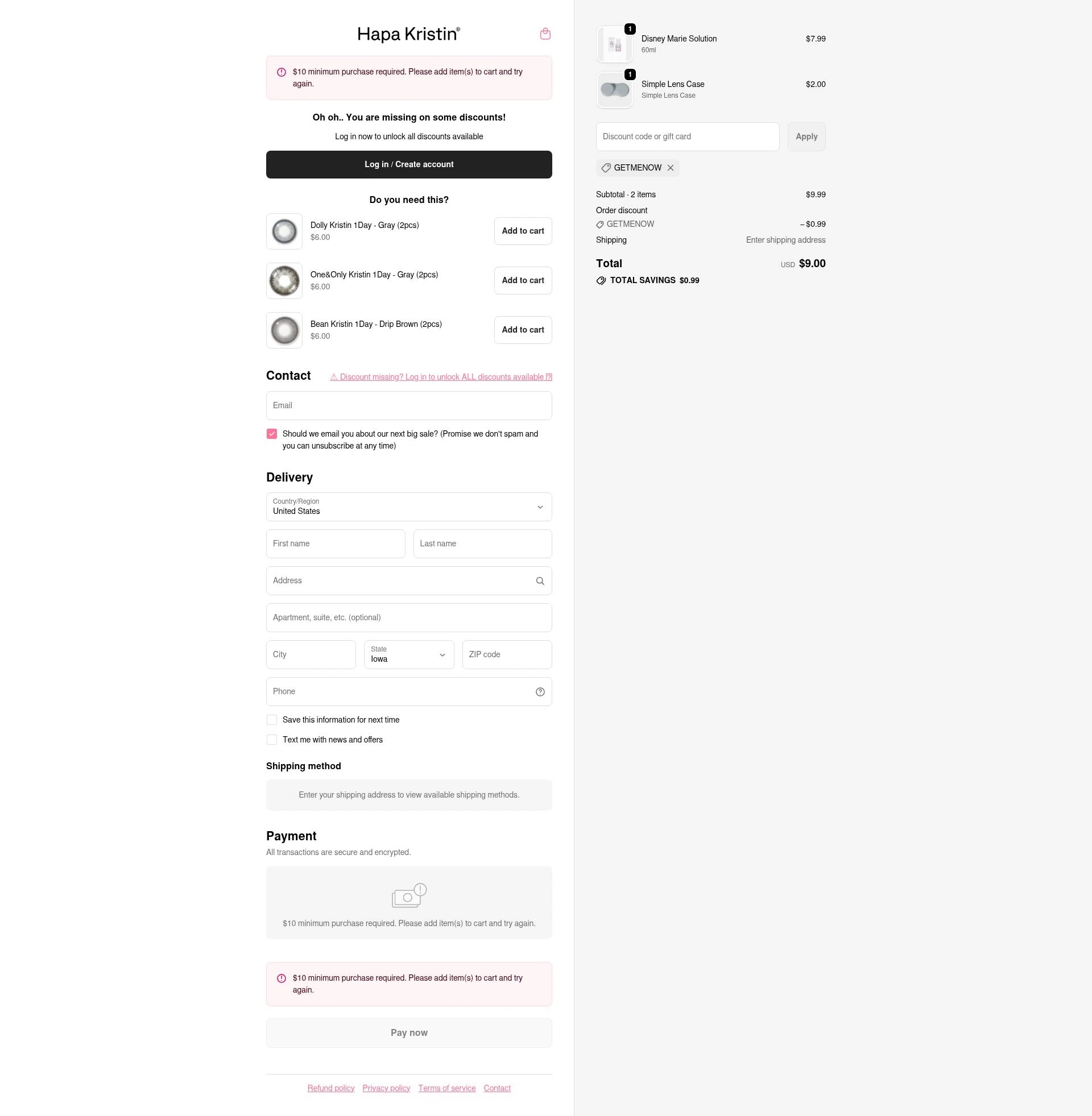HapaKristin checkout page showing HapaKristin discount code box | Screenshot taken by SimplyCodes community member on Jan 24, 2026