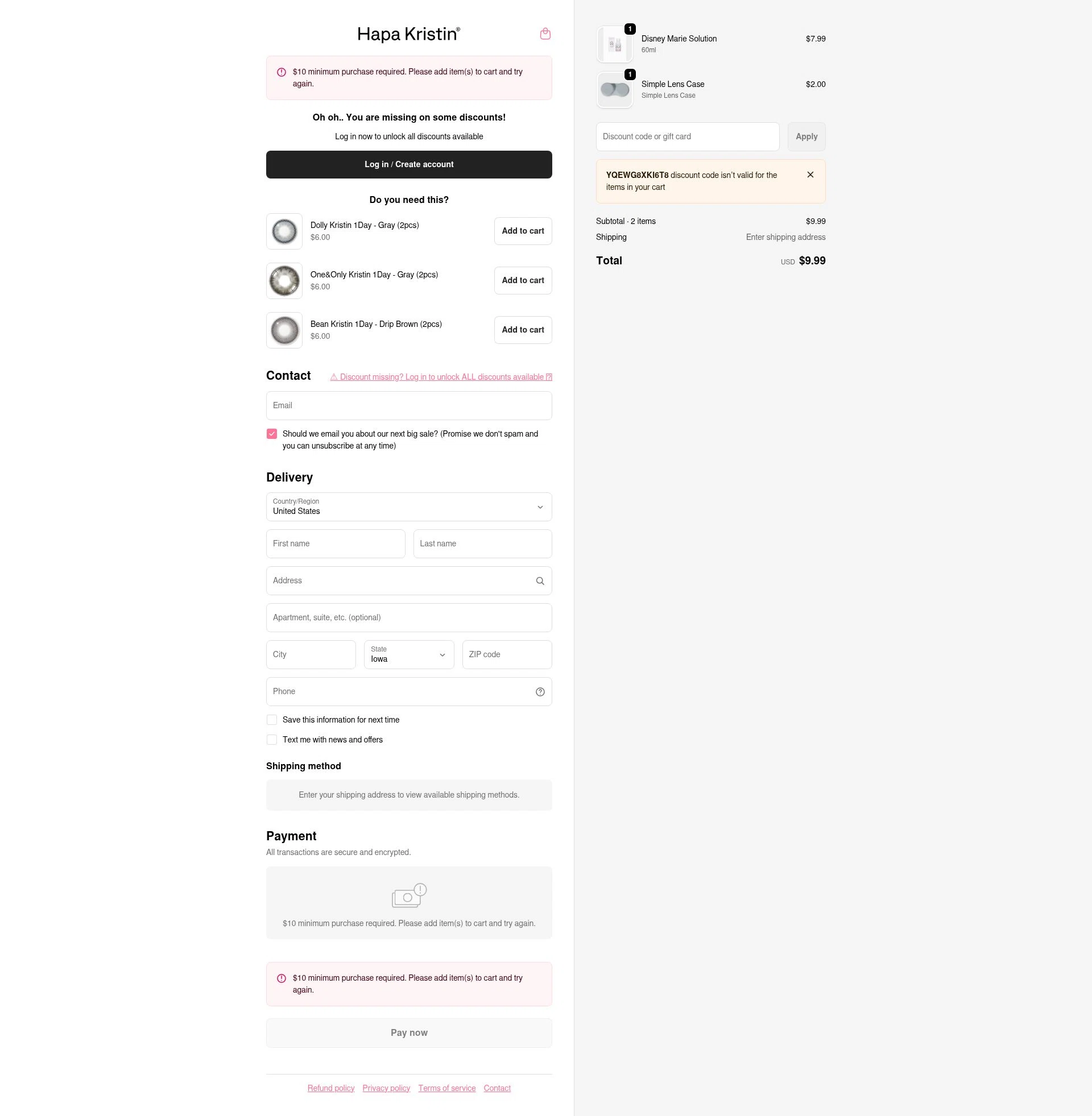 HapaKristin checkout page showing HapaKristin discount code box | Screenshot taken by SimplyCodes community member on Jan 28, 2026