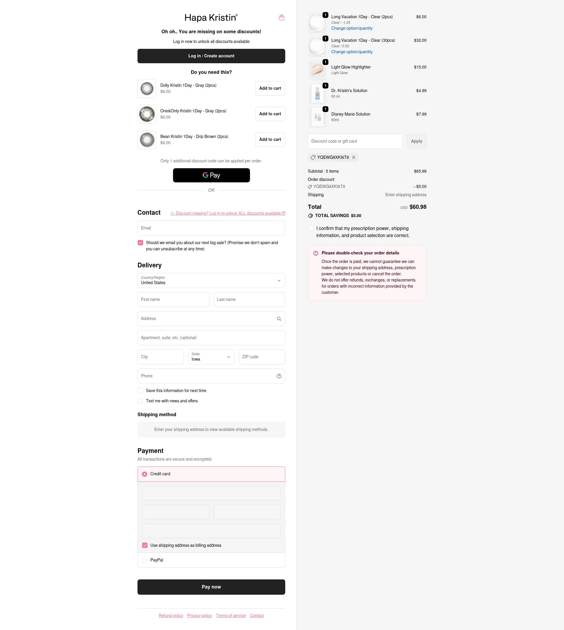 HapaKristin checkout page showing HapaKristin discount code box | Screenshot taken by SimplyCodes community member on Feb 11, 2026