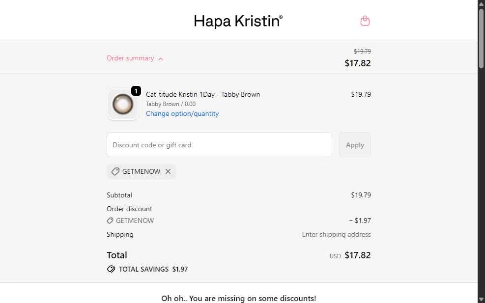 HapaKristin checkout page showing HapaKristin discount code box | Screenshot taken by SimplyCodes community member on Feb 11, 2026