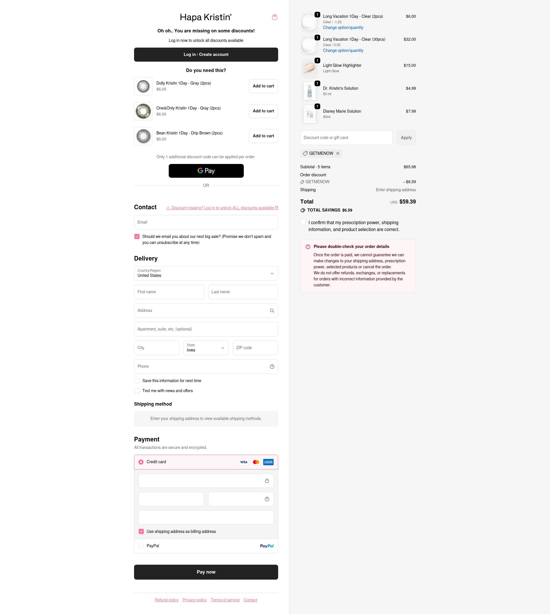 HapaKristin checkout page showing HapaKristin discount code box | Screenshot taken by SimplyCodes community member on Feb 2, 2026