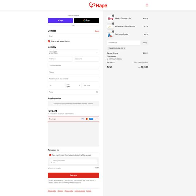 Hape Toys checkout page showing Hape Toys promo code box | Screenshot taken by SimplyCodes community member on Sep 16, 2025