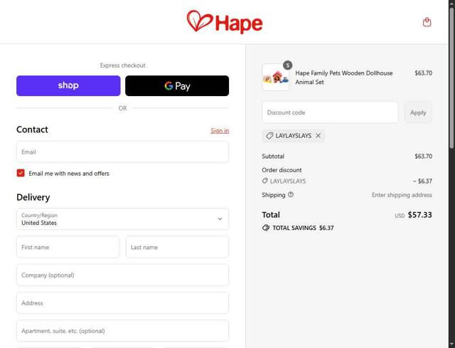 Hape Toys checkout page showing Hape Toys promo code box | Screenshot taken by SimplyCodes community member on Sep 16, 2025