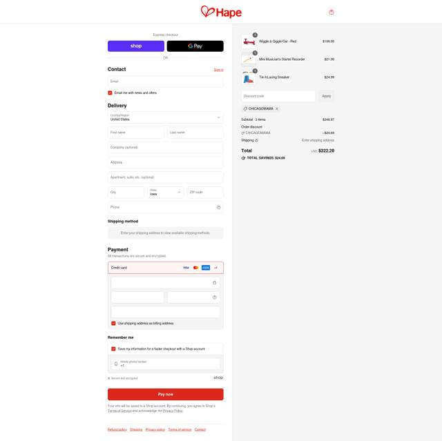 Hape Toys checkout page showing Hape Toys promo code box | Screenshot taken by SimplyCodes community member on Sep 16, 2025