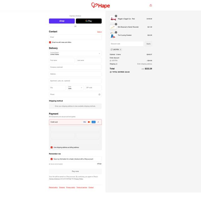 Hape Toys checkout page showing Hape Toys promo code box | Screenshot taken by SimplyCodes community member on Sep 16, 2025