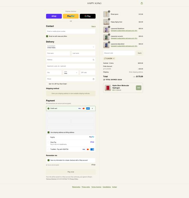 Happy Aging checkout page showing Happy Aging discount code box | Screenshot taken by SimplyCodes community member on Sep 13, 2025