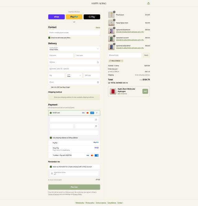 Happy Aging checkout page showing Happy Aging discount code box | Screenshot taken by SimplyCodes community member on Sep 13, 2025